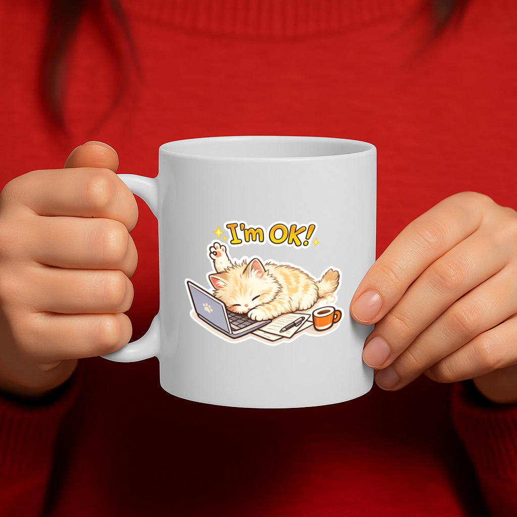 Funny Work From Home Cat Ceramic Mug – 11oz White Coffee Cup, Dishwasher & Microwave Safe, “I’m OK!” Cute Sleeping Cat Laptop Design, High Quality Print Durable Finish Gift for Birthdays – Design MG6814