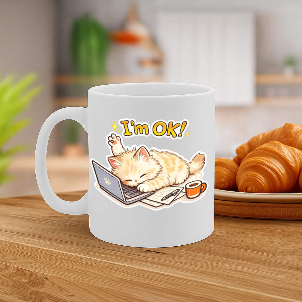 Funny Work From Home Cat Ceramic Mug – 11oz White Coffee Cup, Dishwasher & Microwave Safe, “I’m OK!” Cute Sleeping Cat Laptop Design, High Quality Print Durable Finish Gift for Birthdays – Design MG6814