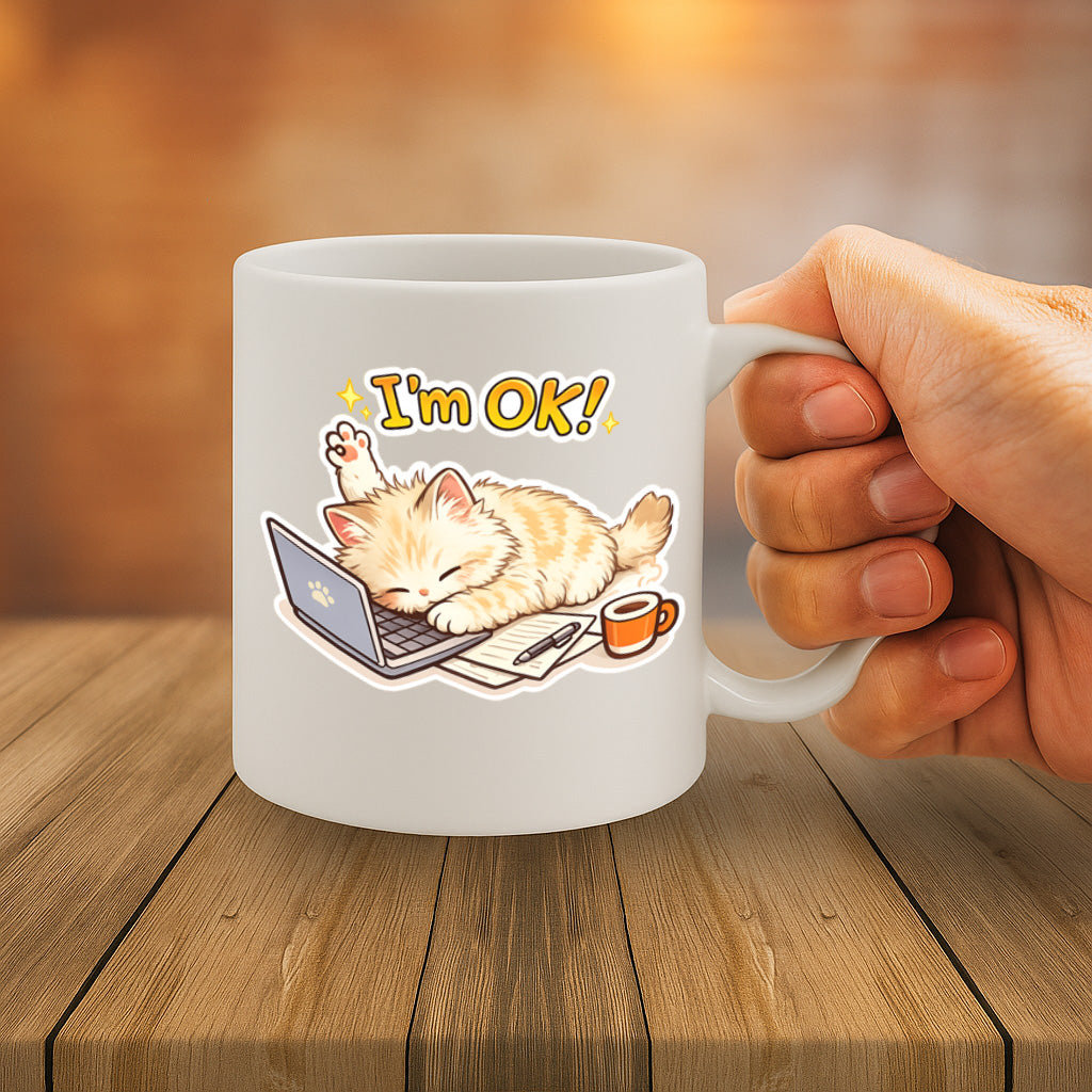 Funny Work From Home Cat Ceramic Mug – 11oz White Coffee Cup, Dishwasher & Microwave Safe, “I’m OK!” Cute Sleeping Cat Laptop Design, High Quality Print Durable Finish Gift for Birthdays – Design MG6814