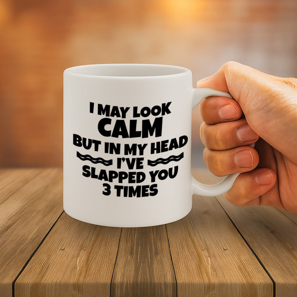 Funny Sarcastic Quote Ceramic Mug – 11oz White Coffee Cup, Dishwasher & Microwave Safe, "I May Look Calm But In My Head I've Slapped You 3 Times" Bold Text Design, High Quality Print Durable Finish Gift , – Design MG6815