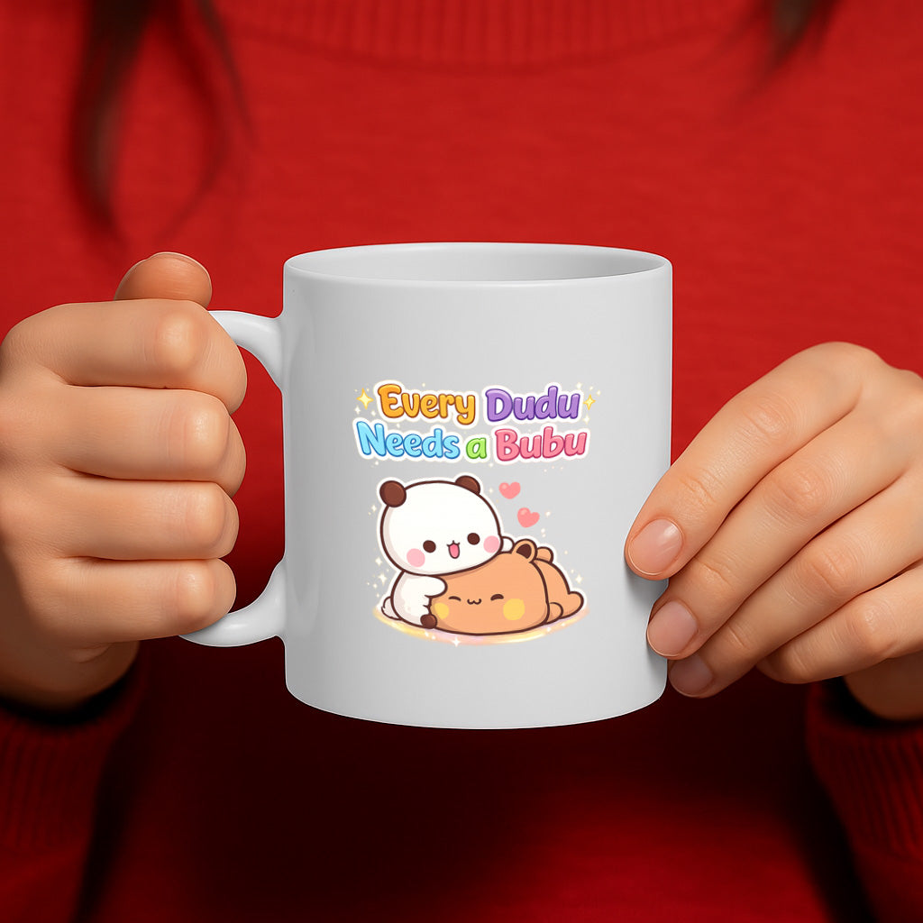 Cute Couple Ceramic Mug – 11oz White Coffee Cup, Dishwasher & Microwave Safe, "Every Dudu Needs a Bubu" Adorable Cartoon Bear Design, High Quality Print Durable Finish Gift for Birthdays, Christmas, – Design MG6816