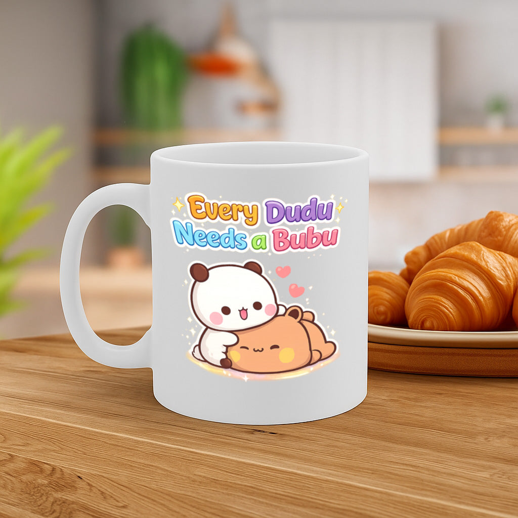 Cute Couple Ceramic Mug – 11oz White Coffee Cup, Dishwasher & Microwave Safe, "Every Dudu Needs a Bubu" Adorable Cartoon Bear Design, High Quality Print Durable Finish Gift for Birthdays, Christmas, – Design MG6816