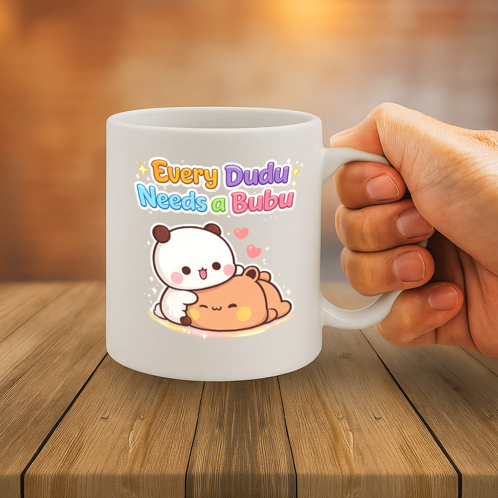Cute Couple Ceramic Mug – 11oz White Coffee Cup, Dishwasher & Microwave Safe, "Every Dudu Needs a Bubu" Adorable Cartoon Bear Design, High Quality Print Durable Finish Gift for Birthdays, Christmas, – Design MG6816