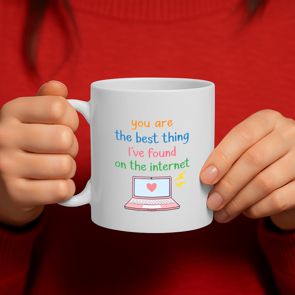 Cute Romantic Quote Ceramic Mug – 11oz White Coffee Cup, Dishwasher & Microwave Safe, “You Are the Best Thing I’ve Found on the Internet” Laptop Heart Design, High-Quality Gift for Birthdays, Christmas, Holidays,  – Design MG6818