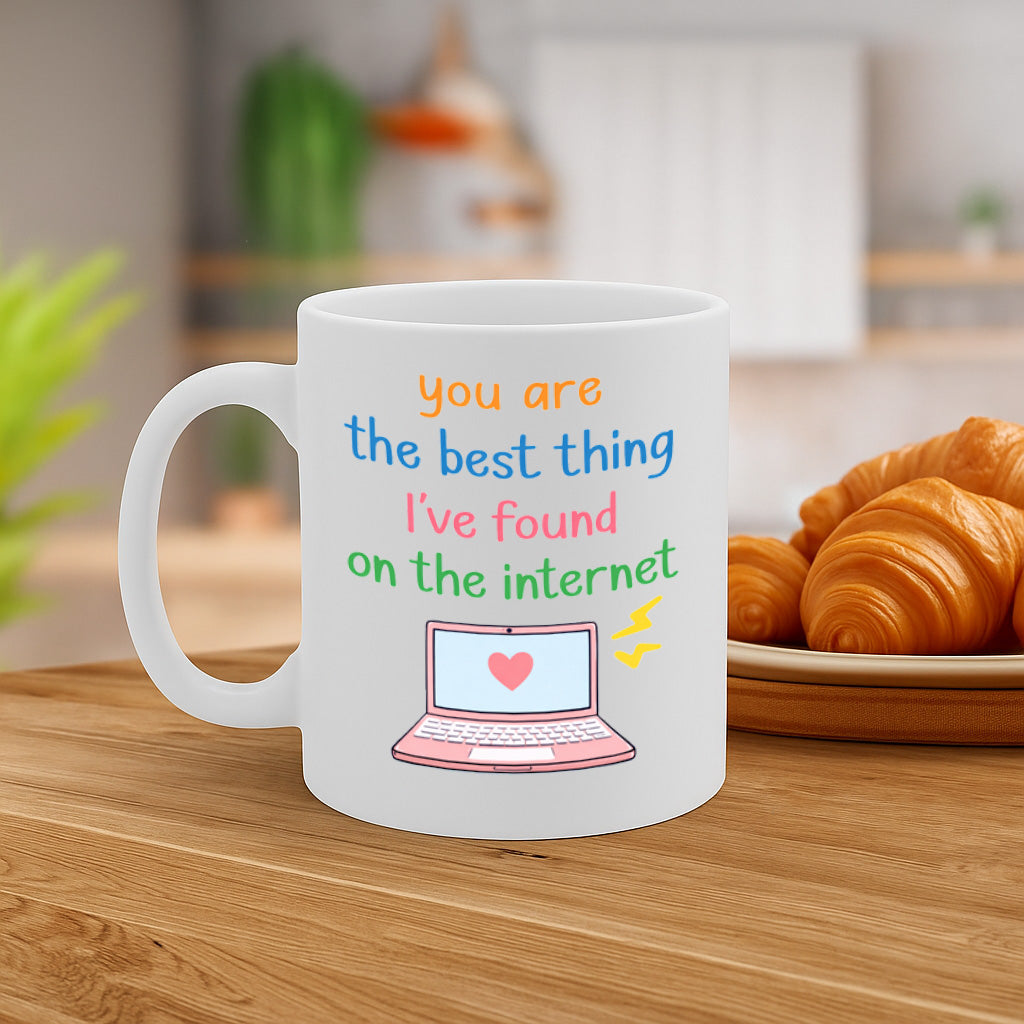 Cute Romantic Quote Ceramic Mug – 11oz White Coffee Cup, Dishwasher & Microwave Safe, “You Are the Best Thing I’ve Found on the Internet” Laptop Heart Design, High-Quality Gift for Birthdays, Christmas, Holidays,  – Design MG6818