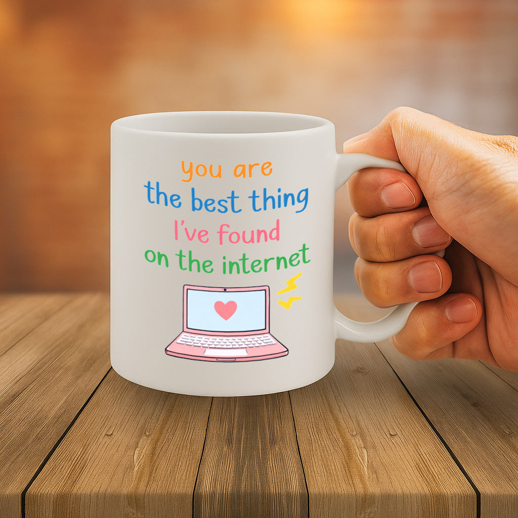 Cute Romantic Quote Ceramic Mug – 11oz White Coffee Cup, Dishwasher & Microwave Safe, “You Are the Best Thing I’ve Found on the Internet” Laptop Heart Design, High-Quality Gift for Birthdays, Christmas, Holidays,  – Design MG6818