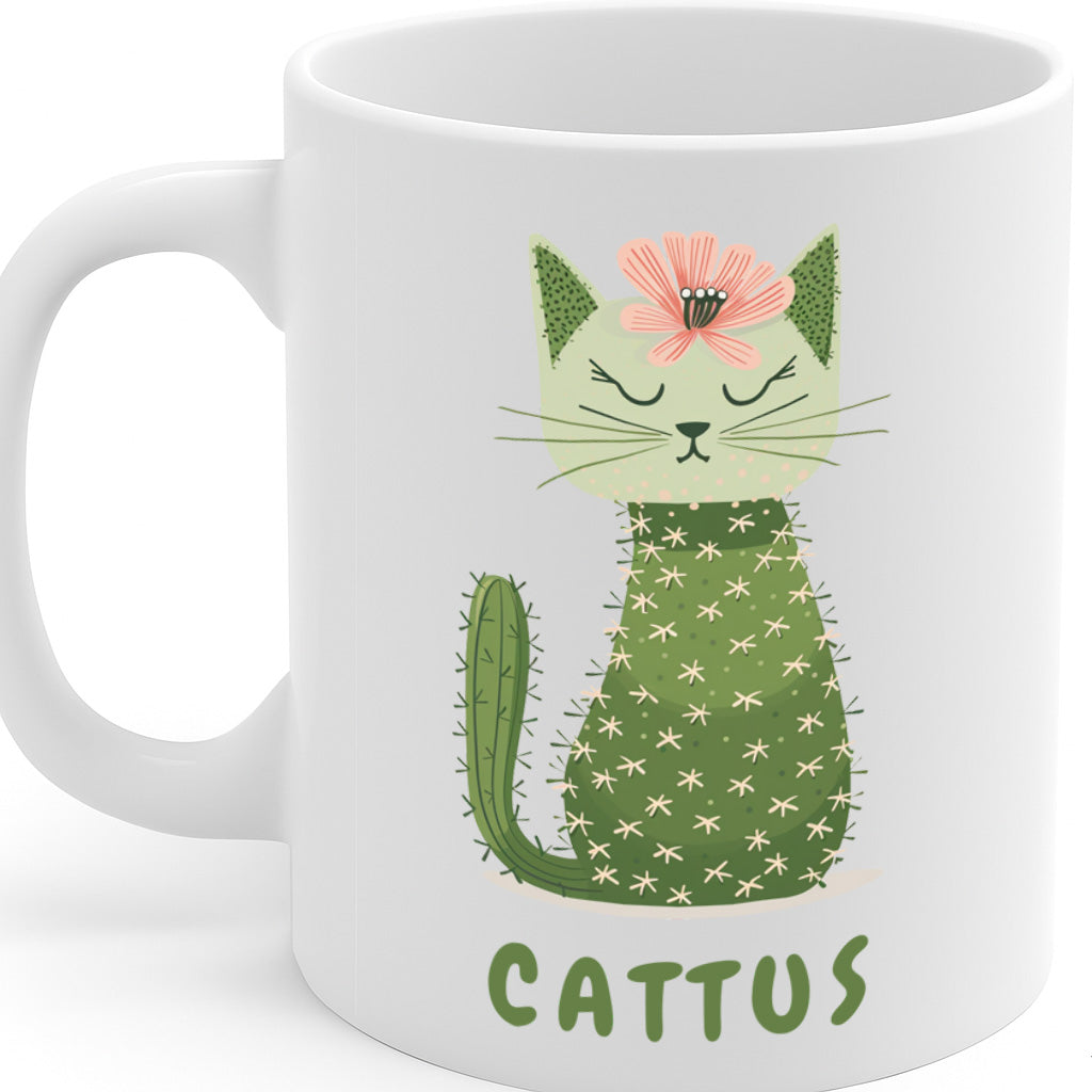 Cute Cat Cactus Ceramic Mug – 11oz White Coffee Cup, Dishwasher & Microwave Safe, "Cattus" Cat and Cactus Illustration Design, High Quality Print Durable Finish Gift for Birthdays, Christmas, Holidays,  – Design MG6820