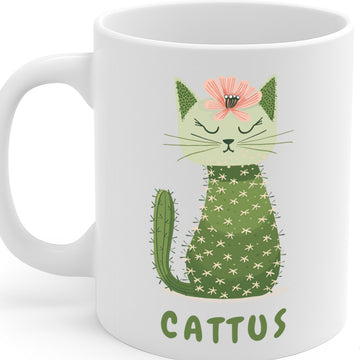 Cute Cat Cactus Ceramic Mug – 11oz White Coffee Cup, Dishwasher & Microwave Safe, "Cattus" Cat and Cactus Illustration Design, High Quality Print Durable Finish Gift for Birthdays, Christmas, Holidays,  – Design MG6820
