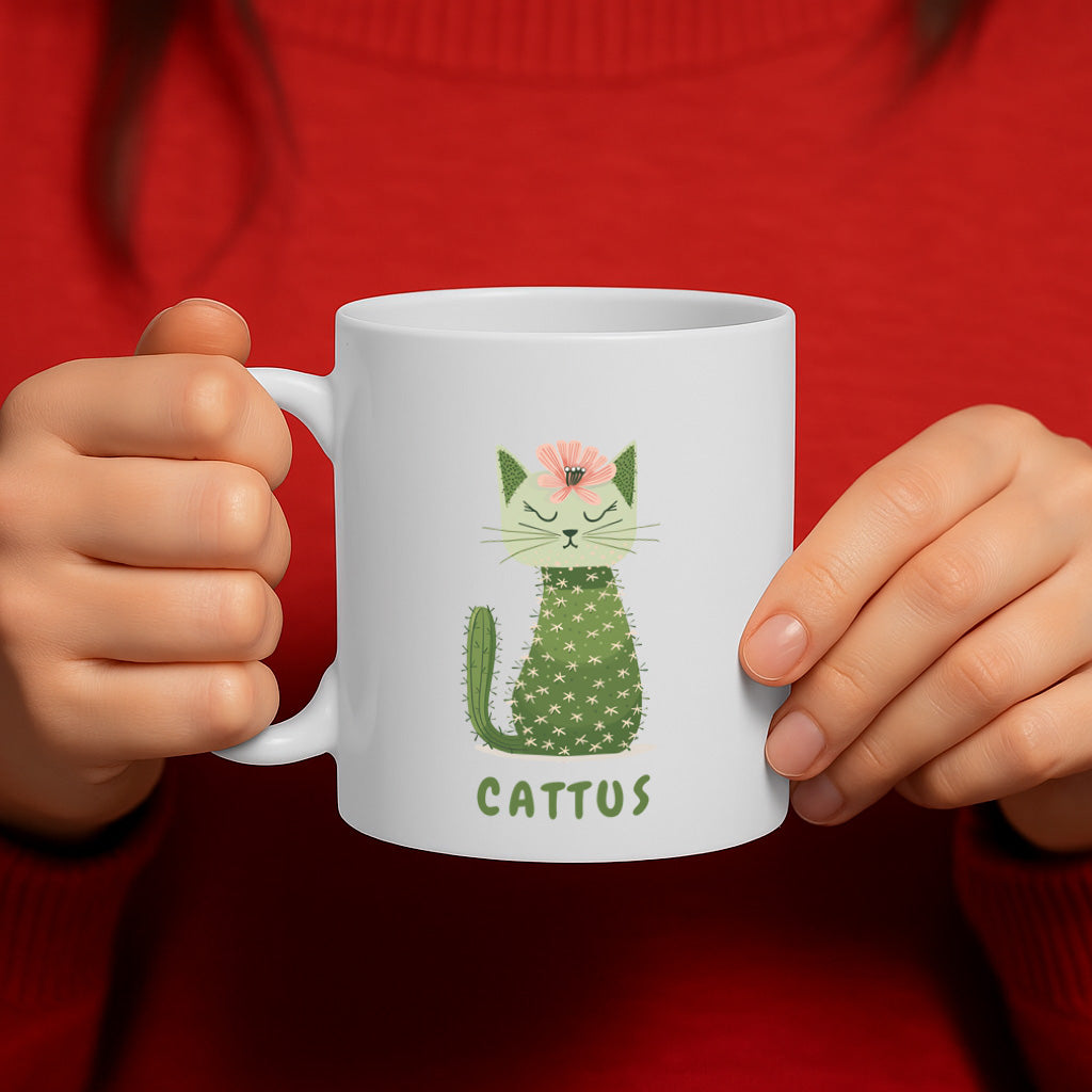 Cute Cat Cactus Ceramic Mug – 11oz White Coffee Cup, Dishwasher & Microwave Safe, "Cattus" Cat and Cactus Illustration Design, High Quality Print Durable Finish Gift for Birthdays, Christmas, Holidays,  – Design MG6820