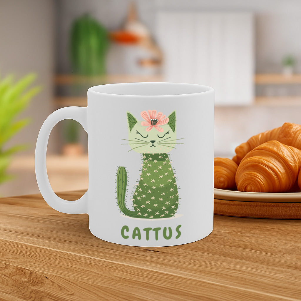 Cute Cat Cactus Ceramic Mug – 11oz White Coffee Cup, Dishwasher & Microwave Safe, "Cattus" Cat and Cactus Illustration Design, High Quality Print Durable Finish Gift for Birthdays, Christmas, Holidays,  – Design MG6820