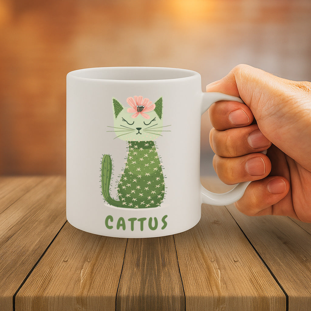 Cute Cat Cactus Ceramic Mug – 11oz White Coffee Cup, Dishwasher & Microwave Safe, "Cattus" Cat and Cactus Illustration Design, High Quality Print Durable Finish Gift for Birthdays, Christmas, Holidays,  – Design MG6820