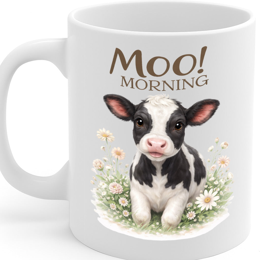 Cute Cow Ceramic Mug – 11oz White Coffee Cup, Dishwasher & Microwave Safe, "Moo! Morning" Adorable Baby Cow Floral Design, High Quality Print Durable Finish Gift for Birthdays, Christmas, Holidays,  – Design MG6821