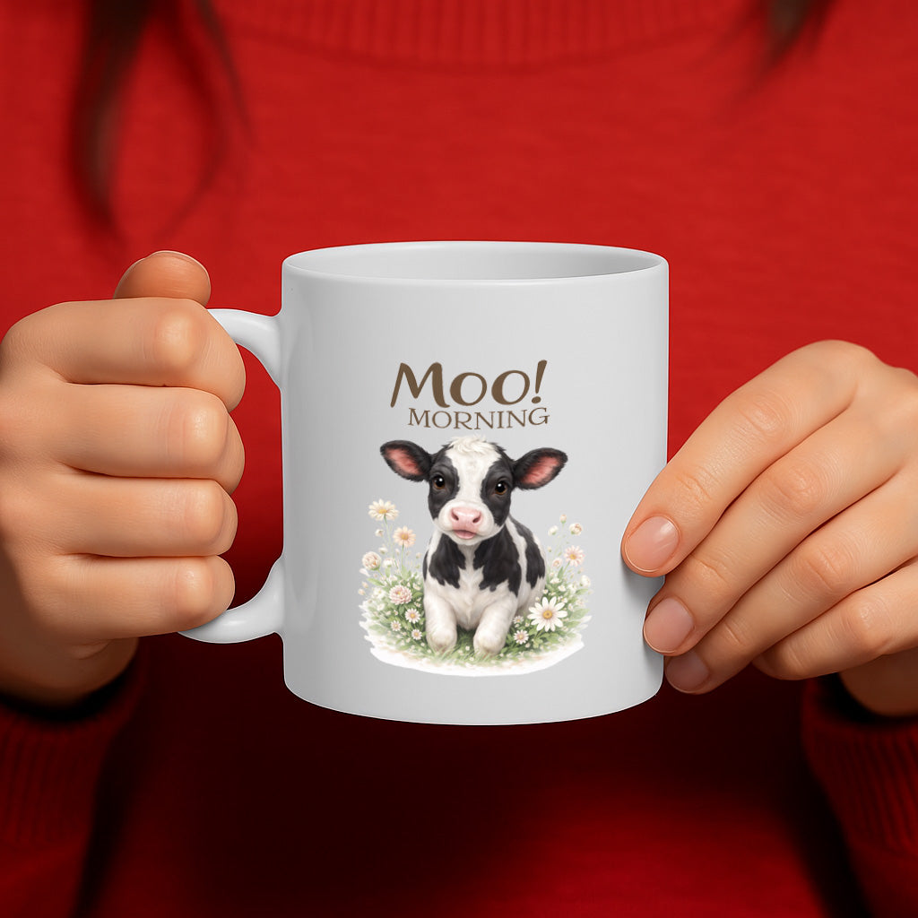 Cute Cow Ceramic Mug – 11oz White Coffee Cup, Dishwasher & Microwave Safe, "Moo! Morning" Adorable Baby Cow Floral Design, High Quality Print Durable Finish Gift for Birthdays, Christmas, Holidays,  – Design MG6821