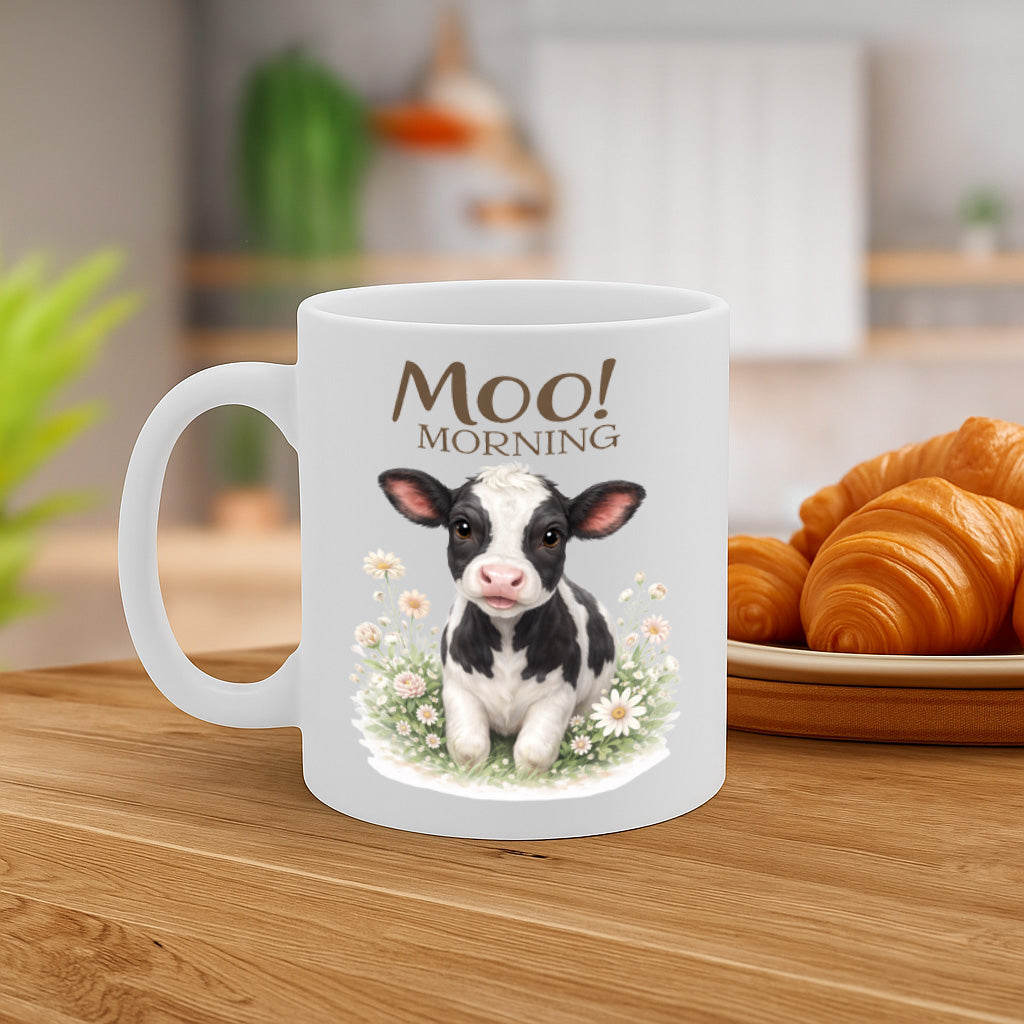 Cute Cow Ceramic Mug – 11oz White Coffee Cup, Dishwasher & Microwave Safe, "Moo! Morning" Adorable Baby Cow Floral Design, High Quality Print Durable Finish Gift for Birthdays, Christmas, Holidays,  – Design MG6821