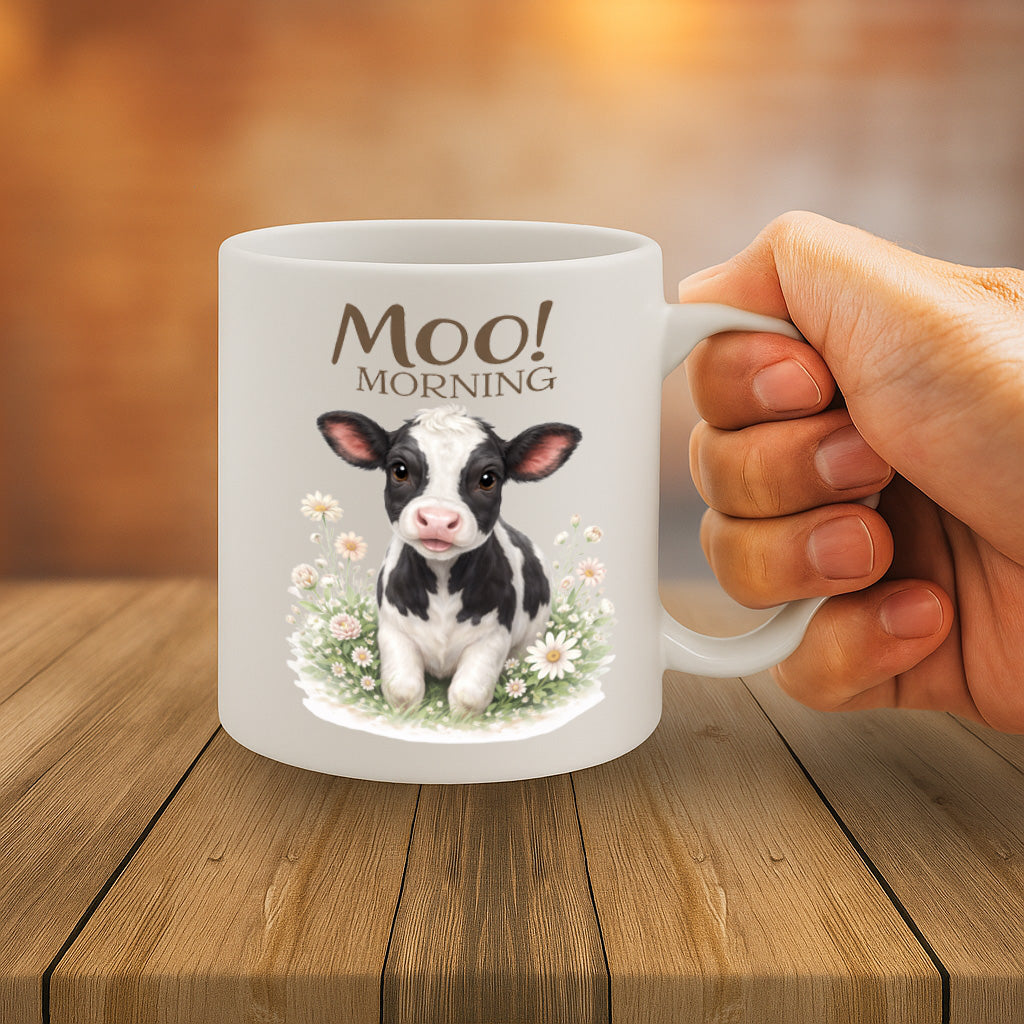 Cute Cow Ceramic Mug – 11oz White Coffee Cup, Dishwasher & Microwave Safe, "Moo! Morning" Adorable Baby Cow Floral Design, High Quality Print Durable Finish Gift for Birthdays, Christmas, Holidays,  – Design MG6821