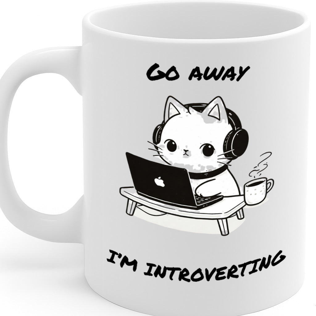 Funny Introvert Cat Ceramic Mug – 11oz White Coffee Cup, Dishwasher & Microwave Safe, "Go Away I'm Introverting" Cute Cat Laptop Design, High Quality Print Durable Finish Gift for Birthdays, Christmas, – Design MG6823