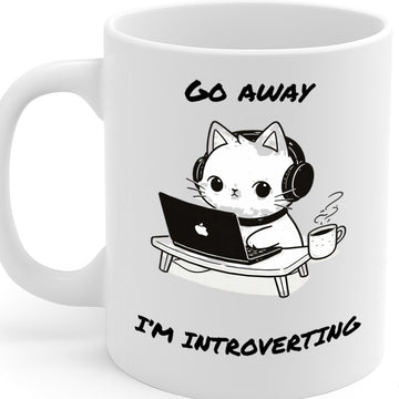 Funny Introvert Cat Ceramic Mug – 11oz White Coffee Cup, Dishwasher & Microwave Safe, "Go Away I'm Introverting" Cute Cat Laptop Design, High Quality Print Durable Finish Gift for Birthdays, Christmas, – Design MG6823
