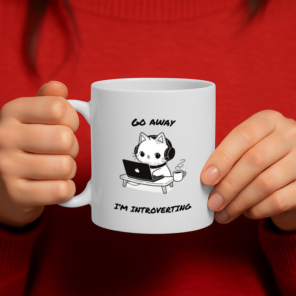 Funny Introvert Cat Ceramic Mug – 11oz White Coffee Cup, Dishwasher & Microwave Safe, "Go Away I'm Introverting" Cute Cat Laptop Design, High Quality Print Durable Finish Gift for Birthdays, Christmas, – Design MG6823