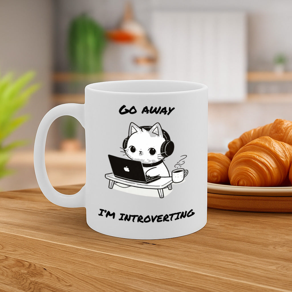 Funny Introvert Cat Ceramic Mug – 11oz White Coffee Cup, Dishwasher & Microwave Safe, "Go Away I'm Introverting" Cute Cat Laptop Design, High Quality Print Durable Finish Gift for Birthdays, Christmas, – Design MG6823
