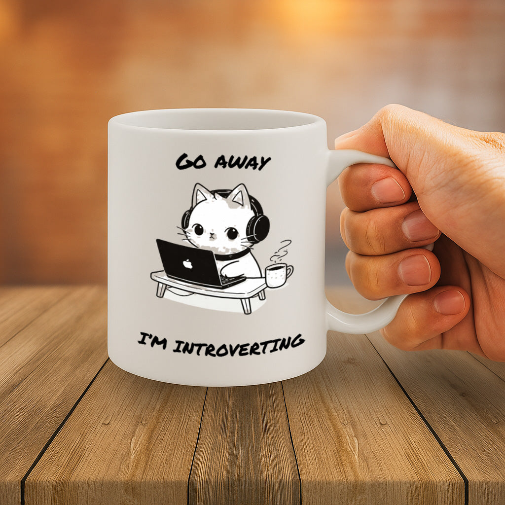 Funny Introvert Cat Ceramic Mug – 11oz White Coffee Cup, Dishwasher & Microwave Safe, "Go Away I'm Introverting" Cute Cat Laptop Design, High Quality Print Durable Finish Gift for Birthdays, Christmas, – Design MG6823