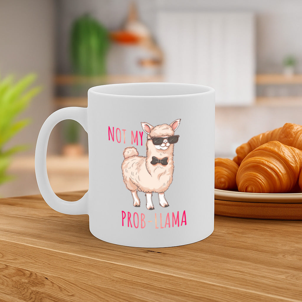 Funny Llama Pun Ceramic Mug – 11oz White Coffee Cup, "Not My Prob-llama" Cool Llama Sunglasses Design,  Durable Finish Gift for Birthdays, Christmas, Holidays, Office or Home Use – Design MG6832