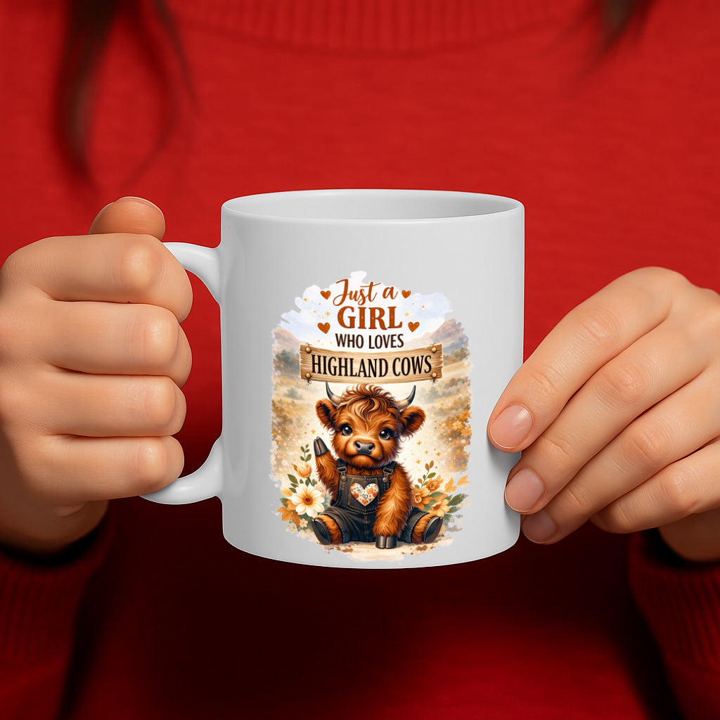 Highland Cow Coffee Mug – 11oz White Ceramic Mug, "Just a Girl Who Loves Highland Cows" Cute Farm Animal Design, Adorable Gift for Cow Lovers, Farm Girls, Country & Animal Lovers – Design MG6838