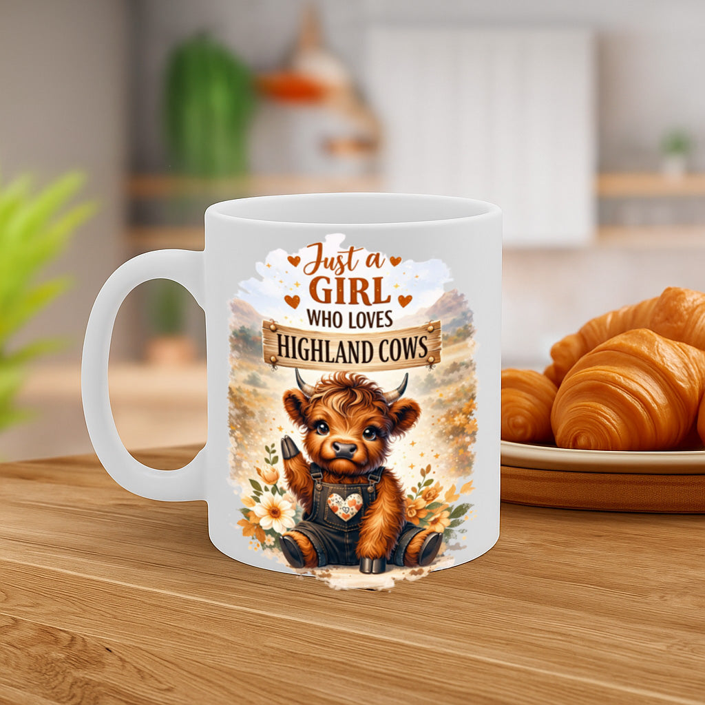Highland Cow Coffee Mug – 11oz White Ceramic Mug, "Just a Girl Who Loves Highland Cows" Cute Farm Animal Design, Adorable Gift for Cow Lovers, Farm Girls, Country & Animal Lovers – Design MG6838