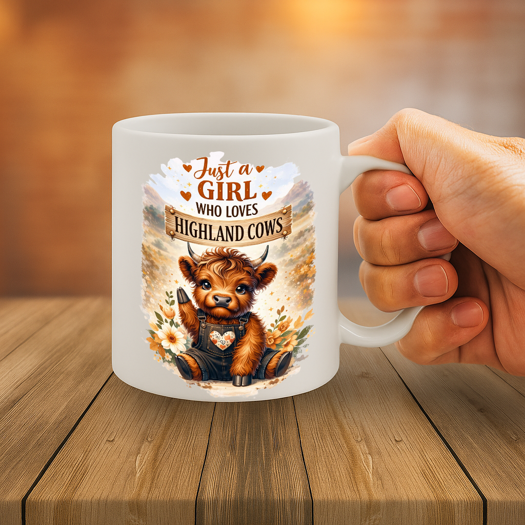 Highland Cow Coffee Mug – 11oz White Ceramic Mug, "Just a Girl Who Loves Highland Cows" Cute Farm Animal Design, Adorable Gift for Cow Lovers, Farm Girls, Country & Animal Lovers – Design MG6838