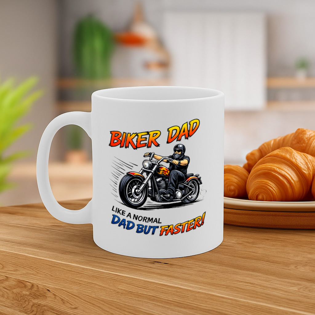 Biker Dad Coffee Mug – 11oz White Ceramic Mug, Dishwasher & Microwave Safe, "Biker Dad Like a Normal Dad But Faster" Motorcycle Design, Cool Gift for Dad, Father'S Day, Biker Fathers – Design MG6839