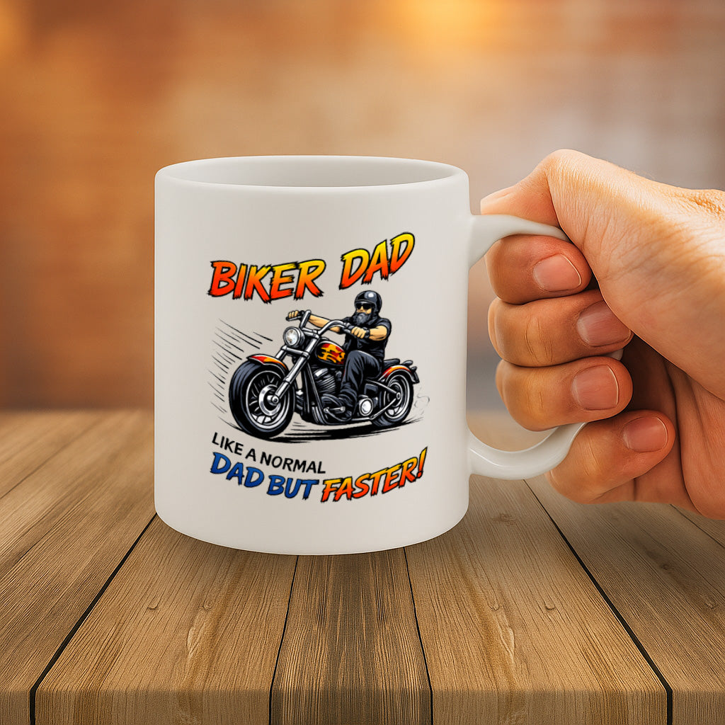 Biker Dad Coffee Mug – 11oz White Ceramic Mug, Dishwasher & Microwave Safe, "Biker Dad Like a Normal Dad But Faster" Motorcycle Design, Cool Gift for Dad, Father'S Day, Biker Fathers – Design MG6839