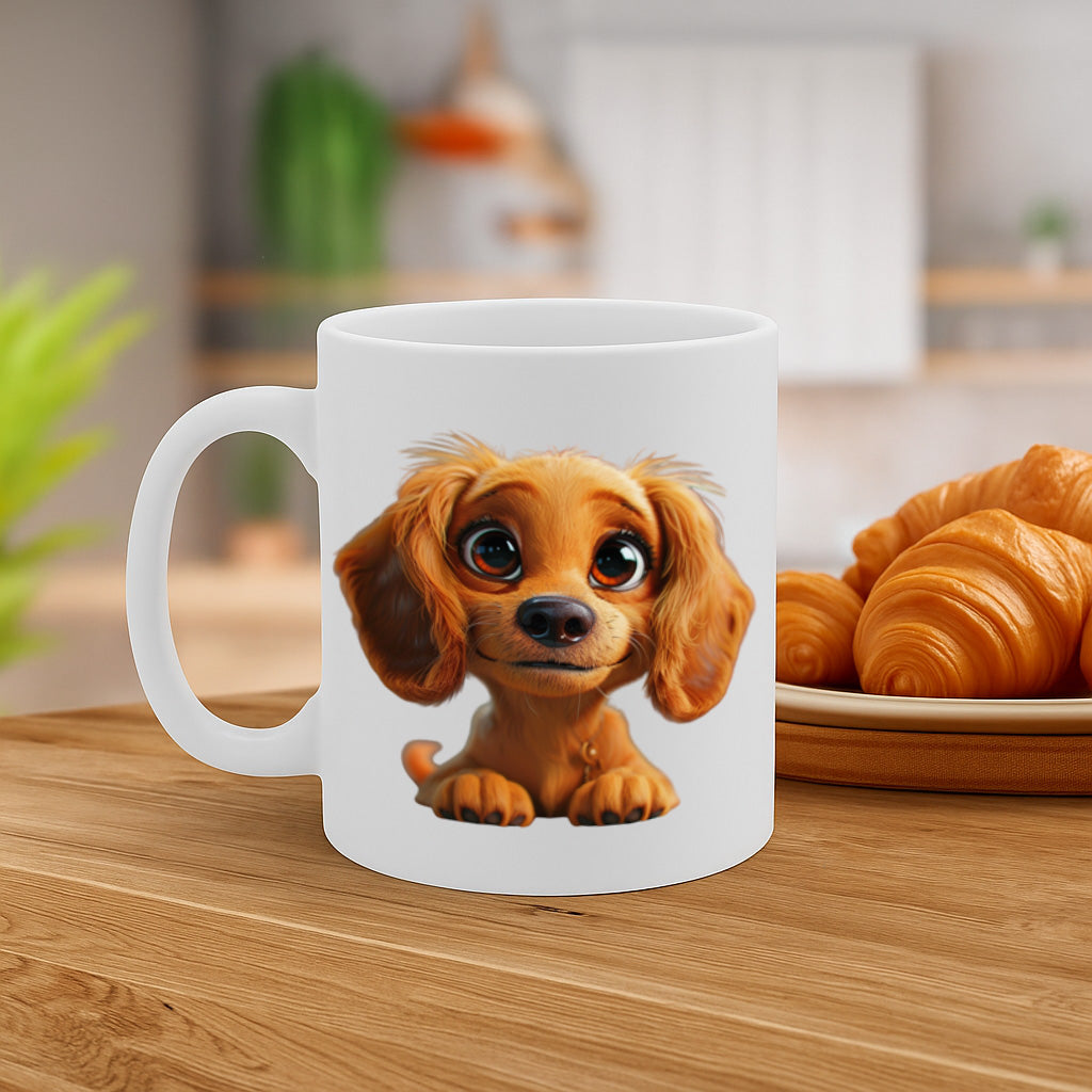 Cute Puppy Dog Coffee Mug – 11oz White Ceramic Mug, Adorable Big-Eyed Puppy Illustration, Dog Lover Gift, Pet Lover Mug – Design MG6841