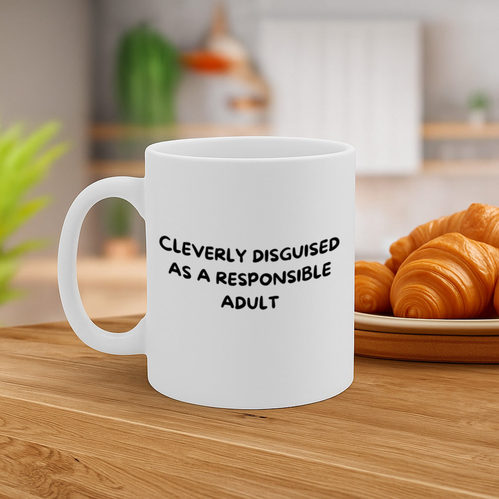 Cleverly Disguised as a Responsible Adult Coffee Mug – 11oz White Ceramic Mug, Minimalist Humor Design, Office Mug, Gift for Adults – Design MG6842