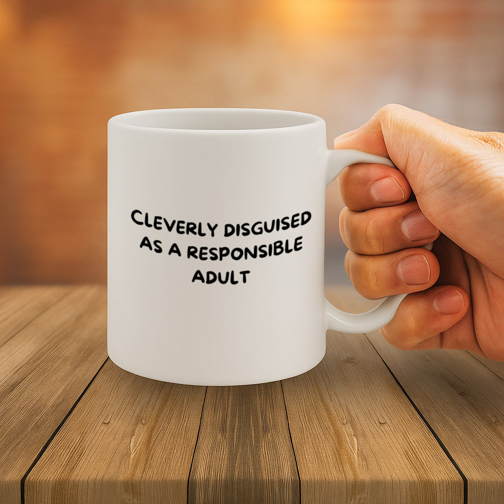 Cleverly Disguised as a Responsible Adult Coffee Mug – 11oz White Ceramic Mug, Minimalist Humor Design, Office Mug, Gift for Adults – Design MG6842
