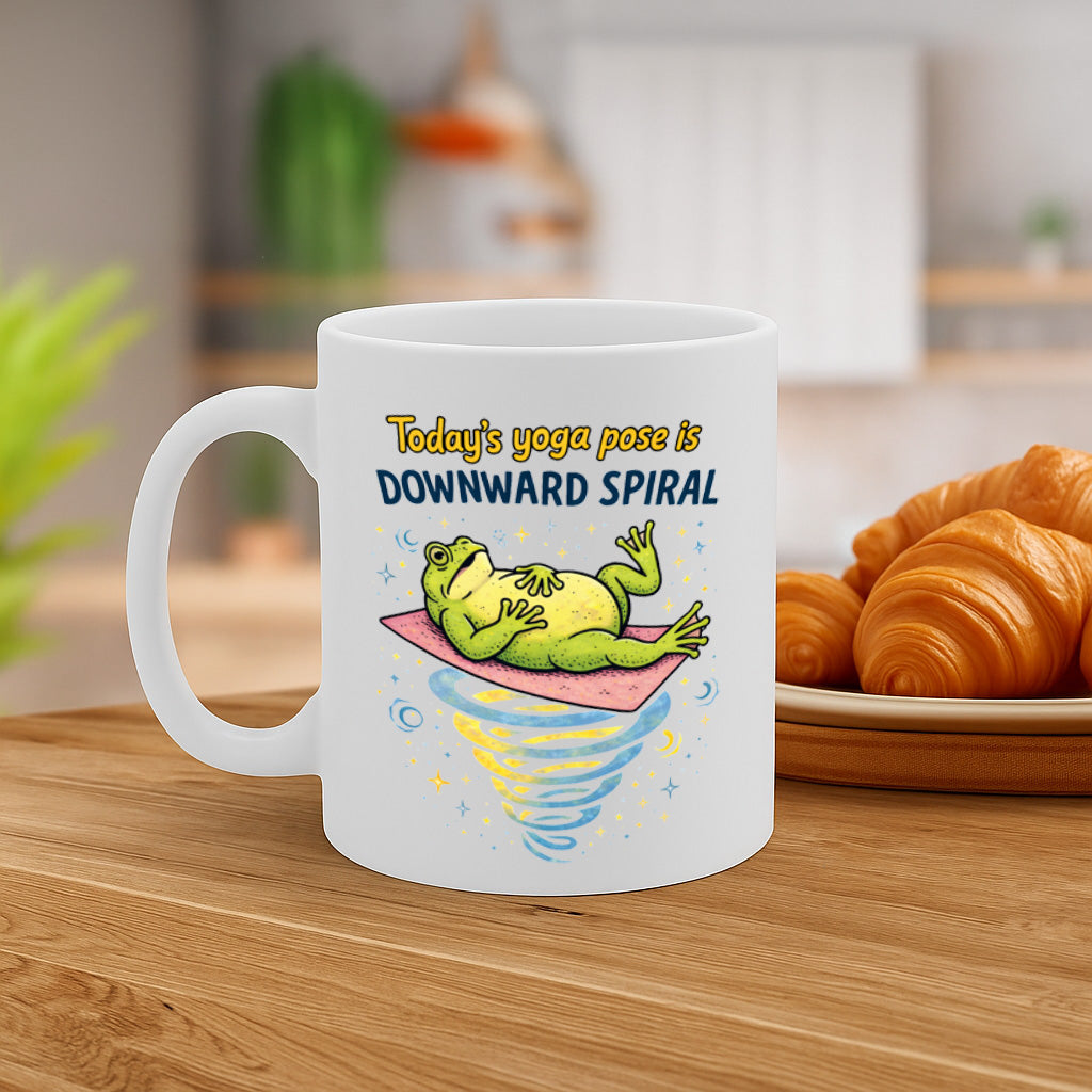 Today'S Yoga Pose Is Downward Spiral Funny Coffee Mug – 11oz White Ceramic Mug, Lazy Frog Yoga Cartoon, Sarcastic Mental Health Humor – Design MG6848