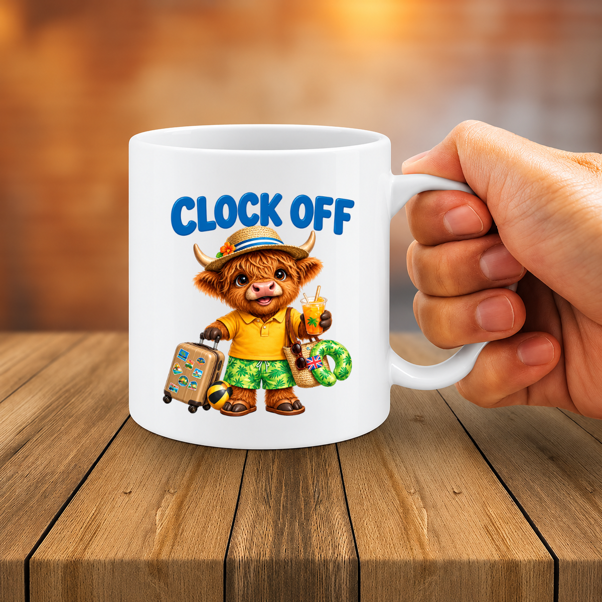 MG6905 Clock Off Highland Cow Holiday Mug, 11oz White Ceramic Coffee Cup with Cute Travel Cow Artwork, Summer Vacation Design, 325ml Novelty Tea Cup for Home, Office and Everyday Drinks
