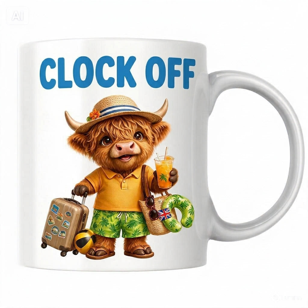 MG6905 Clock Off Highland Cow Holiday Mug, 11oz White Ceramic Coffee Cup with Cute Travel Cow Artwork, Summer Vacation Design, 325ml Novelty Tea Cup for Home, Office and Everyday Drinks