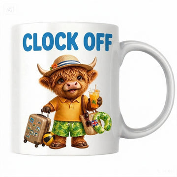 MG6905 Clock Off Highland Cow Holiday Mug, 11oz White Ceramic Coffee Cup with Cute Travel Cow Artwork, Summer Vacation Design, 325ml Novelty Tea Cup for Home, Office and Everyday Drinks