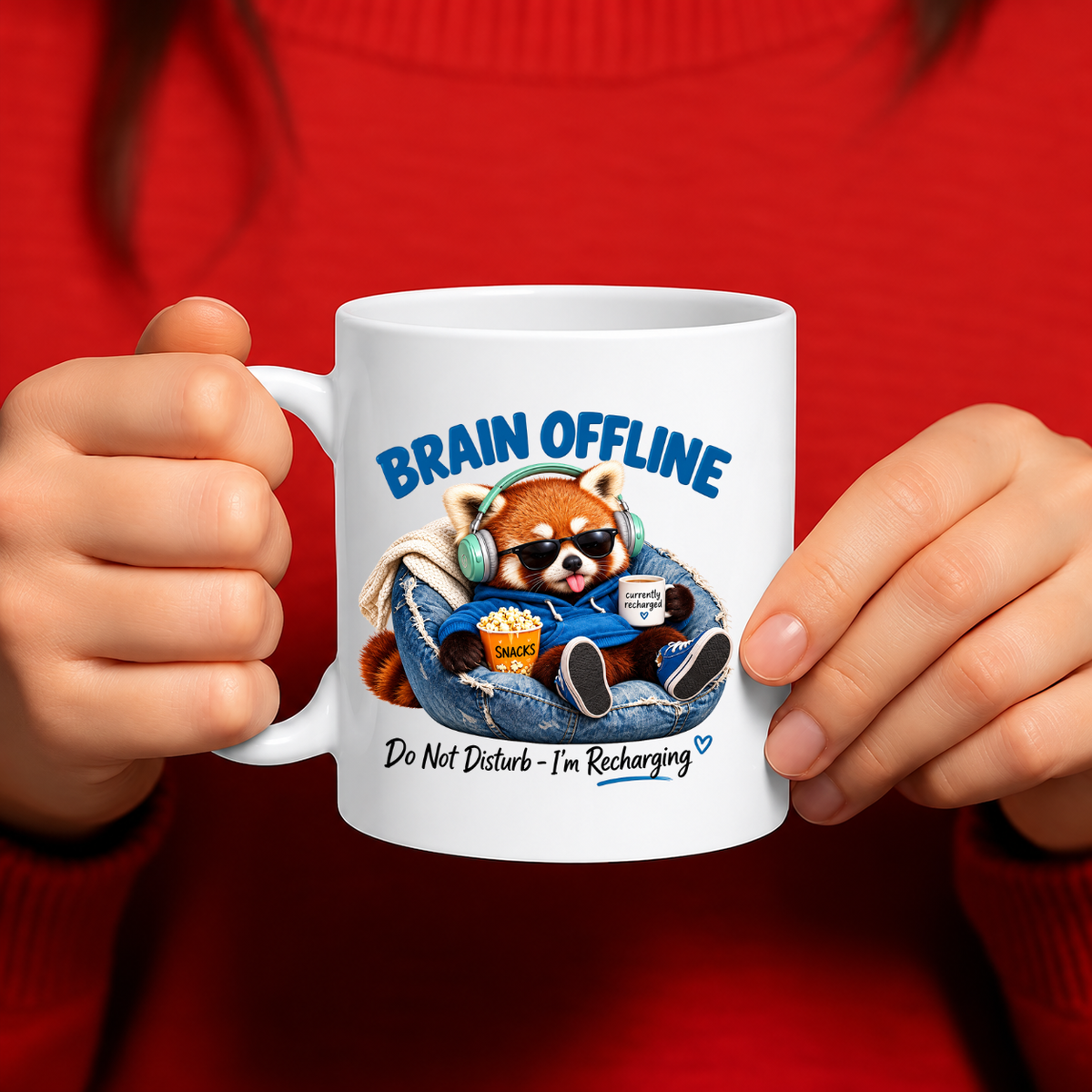 MG6906 Brain Offline Red Panda Mug, 11oz White Ceramic Coffee Cup with Do Not Disturb I'm Recharging Print, Funny Animal Design, 325ml Novelty Tea Mug for Home, Office and Coffee Breaks