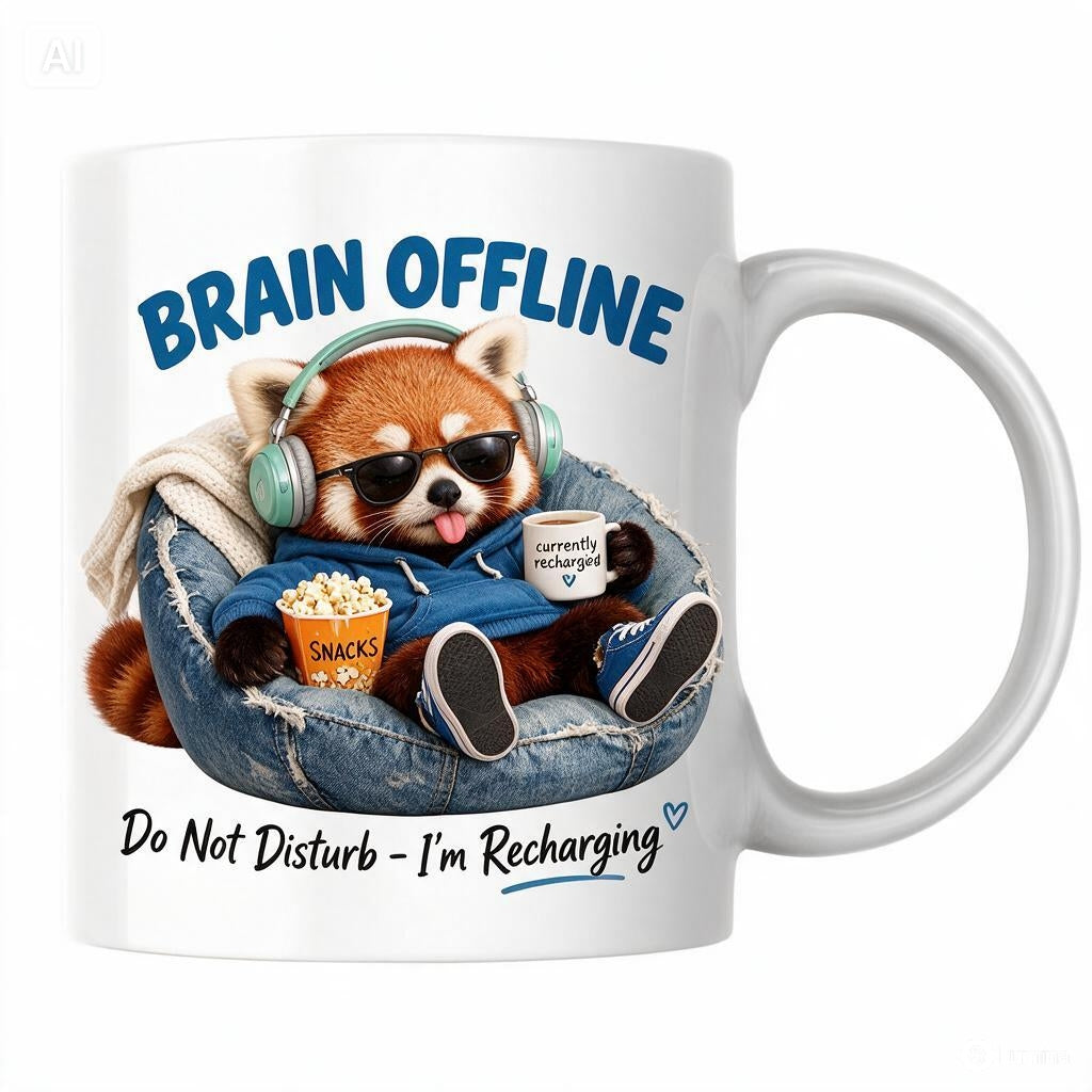 MG6906 Brain Offline Red Panda Mug, 11oz White Ceramic Coffee Cup with Do Not Disturb I'm Recharging Print, Funny Animal Design, 325ml Novelty Tea Mug for Home, Office and Coffee Breaks
