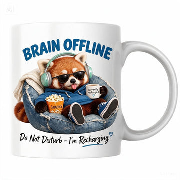 MG6906 Brain Offline Red Panda Mug, 11oz White Ceramic Coffee Cup with Do Not Disturb I'm Recharging Print, Funny Animal Design, 325ml Novelty Tea Mug for Home, Office and Coffee Breaks
