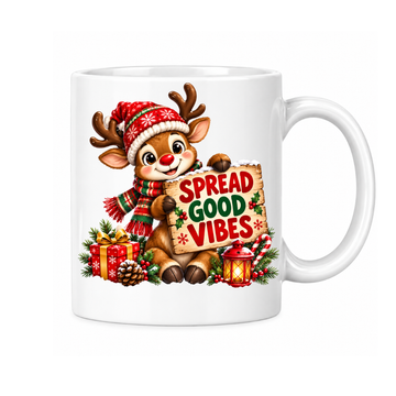 MG6916 Spread Good Vibes Christmas Reindeer Mug, 11oz White Ceramic Coffee Cup with Cute Festive Reindeer, Santa Hat and Wooden Sign Print, 325ml Novelty Tea Mug for Xmas, Home and Office