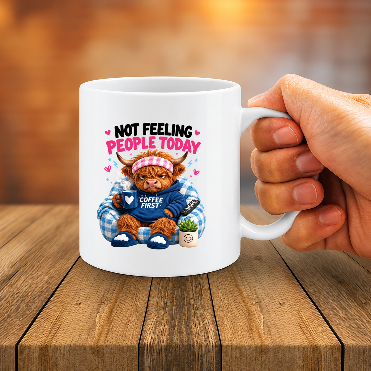 MG6908 Not Feeling People Today Highland Cow Mug, 11oz White Ceramic Coffee Cup with Grumpy Cow Coffee First Print, Funny Moody Animal Design, 325ml Novelty Tea Mug for Home and Office