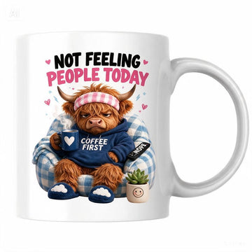 MG6908 Not Feeling People Today Highland Cow Mug, 11oz White Ceramic Coffee Cup with Grumpy Cow Coffee First Print, Funny Moody Animal Design, 325ml Novelty Tea Mug for Home and Office