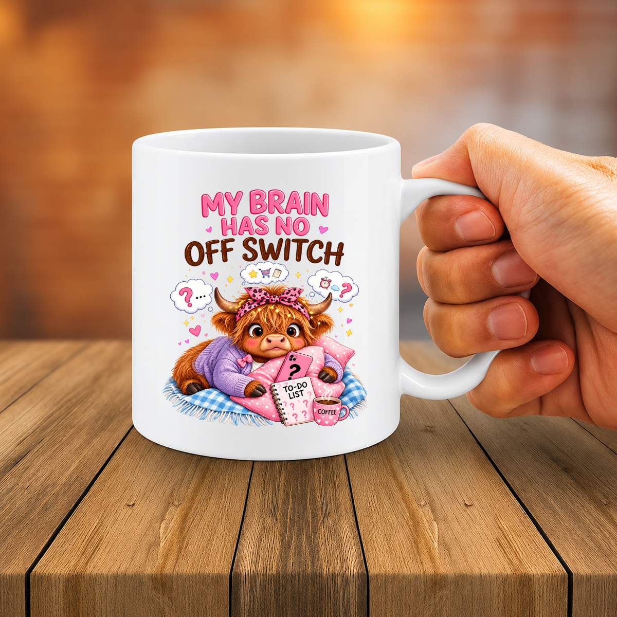 MG6909 My Brain Has No Off Switch Highland Cow Mug, 11oz White Ceramic Coffee Cup with Cute Pink Cow and To-Do List Print, Funny Overthinking Design, 325ml Novelty Tea Mug for Home and Office