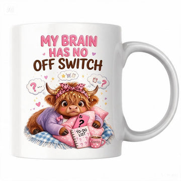 MG6909 My Brain Has No Off Switch Highland Cow Mug, 11oz White Ceramic Coffee Cup with Cute Pink Cow and To-Do List Print, Funny Overthinking Design, 325ml Novelty Tea Mug for Home and Office