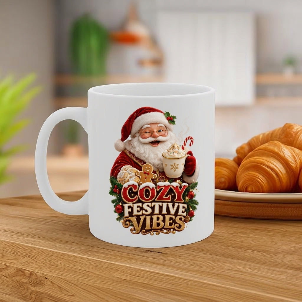 MG6910 Cozy Festive Vibes Santa Claus Mug, 11oz White Ceramic Coffee Cup with Christmas Hot Chocolate and Gingerbread Design, 325ml Novelty Tea Mug for Winter Holidays, Home and Office