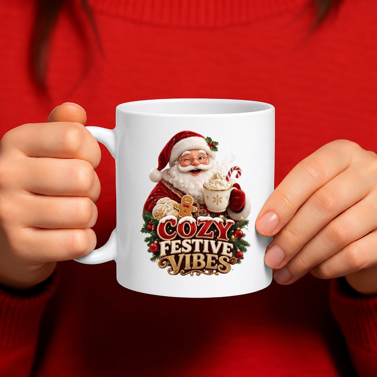 MG6910 Cozy Festive Vibes Santa Claus Mug, 11oz White Ceramic Coffee Cup with Christmas Hot Chocolate and Gingerbread Design, 325ml Novelty Tea Mug for Winter Holidays, Home and Office