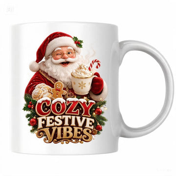 MG6910 Cozy Festive Vibes Santa Claus Mug, 11oz White Ceramic Coffee Cup with Christmas Hot Chocolate and Gingerbread Design, 325ml Novelty Tea Mug for Winter Holidays, Home and Office