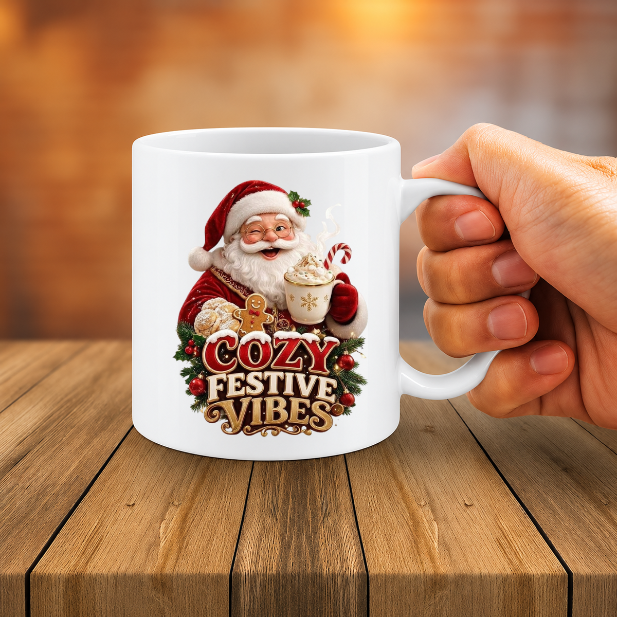 MG6910 Cozy Festive Vibes Santa Claus Mug, 11oz White Ceramic Coffee Cup with Christmas Hot Chocolate and Gingerbread Design, 325ml Novelty Tea Mug for Winter Holidays, Home and Office