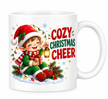 MG6911 Cozy Christmas Cheer Elf Mug, 11oz White Ceramic Coffee Cup with Cute Christmas Elf, Lantern and Gift Print, 325ml Festive Novelty Tea Mug, Xmas Holiday Drinkware for Home and Office